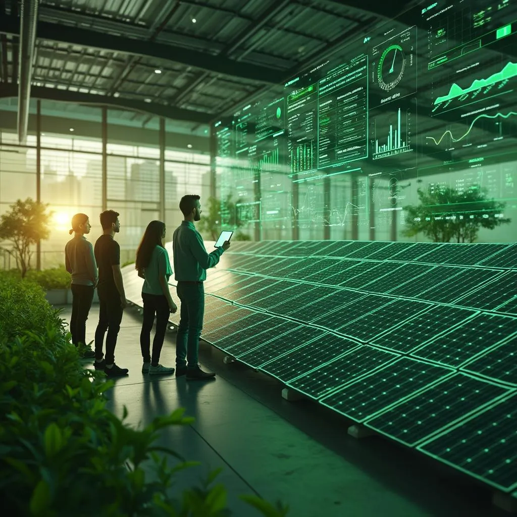 Equipe observando painéis solares e telas de dados